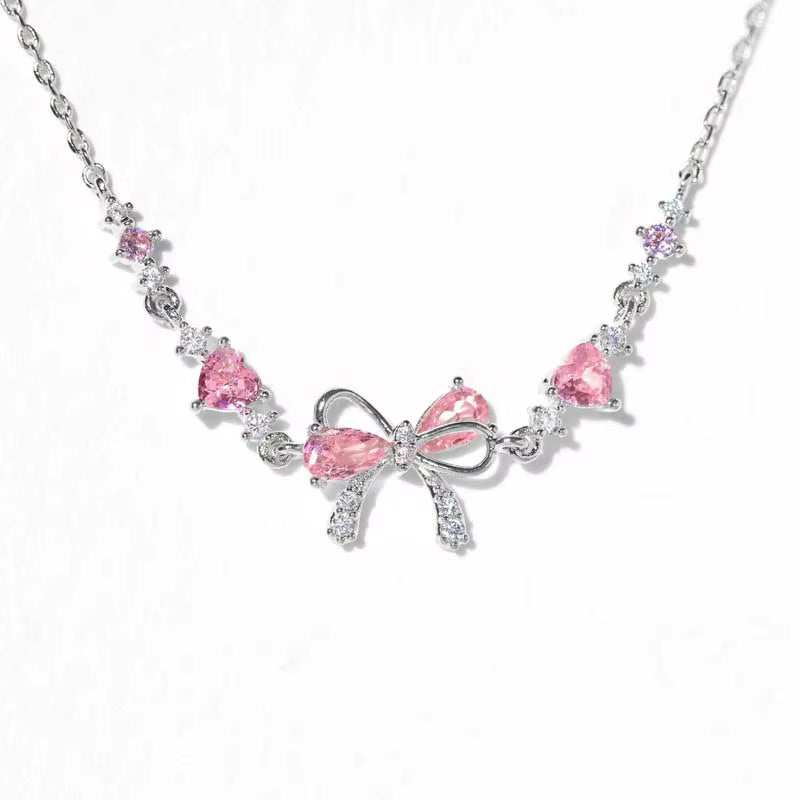 Y2K Pink Zircon Bowknot Love Heart Chain Bracelets for Women Exquisite Shiny Crystal Adjustable Bracelets Birthday Jewelry Gift